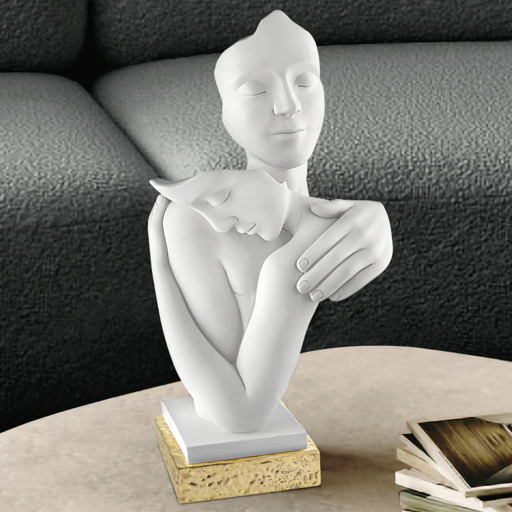 Bongelli - Scultura abbraccio amanti marmorino bianco base oro 20cm